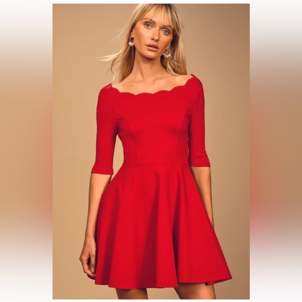 Lulu’s Tip the Scallops Red Scalloped Skater Dress Sz Sm